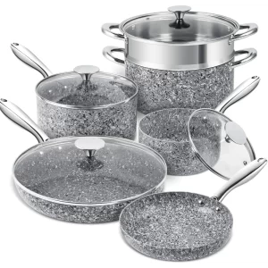 MICHELANGELO Pots and Pans Set 10 Piece, Cookware Set with Granite Coatings for Super Nonstick Result Essential Stone