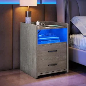 DEPAD Nightstand with Charging Station and LED Light Strip, Night Stands, Side Table for Bedroom, LED Grey Nightstands
