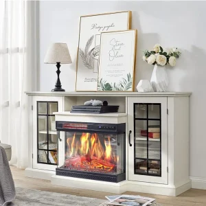 Fireplace TV Stand for TVs up to 65'', Media Entertainment Center Console Table with Doors Closed Storage, Distressed White
