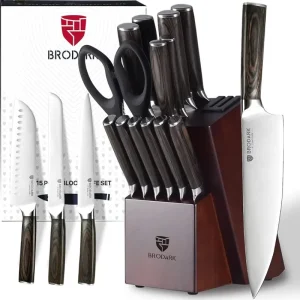 Food Grade 15 Pcs German Stainless Steel Professional Chef Knife Set with Knife Sharpener, Full Tang Knife Block Set, Best Gift