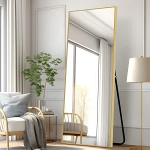 Full body mirror, vertical or wall mounted, aluminum alloy thin frame, non oxidizing and rust resistant, matte gold, 65 "x22"