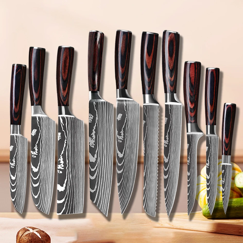 Kitchen Knife Set 1-10PCS Japanese Damascus Pattern Professional Chef Knife High Carbon Stainless Steel Cleaver Knives
