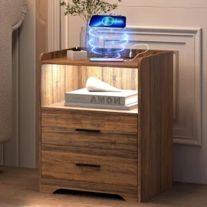 LED Nightstand with Charging Station, Smart Bedside Table with 24-Color RGB LED Lights, Charging Nightstand