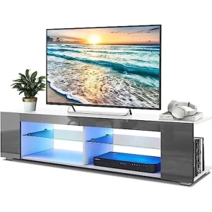 LED TV Stand for 65 Inch TVs Modern LED Entertainment Center 57 Inch with LED Lights Small TV Console Media Table,Grey White