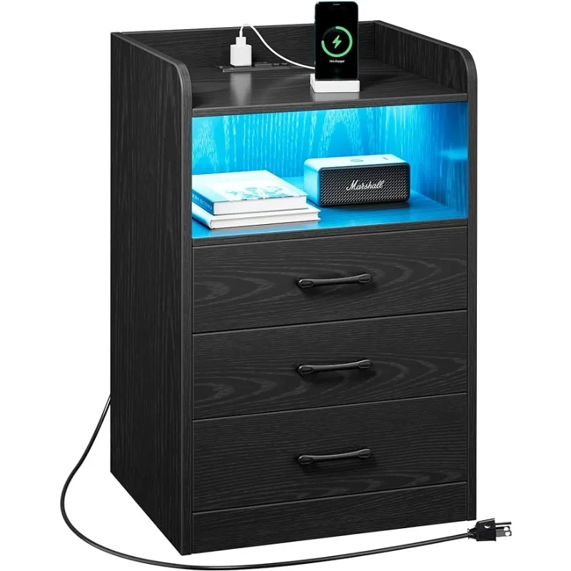 Nightstand with Charging Station and LED Light Strips, Night Stand with Drawers, End Table with USB Ports and Outlets