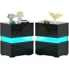 Nightstands Set of 2, Bedside Tables with LED Lights, Night Stands with High Gloss Drawers, Remote, for Bedroom - Black