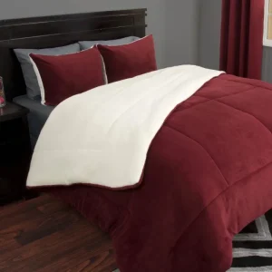 Lavish Home 3-Piece Sherpa Full/Queen Bedding Comforter Set, Burgundy edredon comforter duvet blanket edredones queen