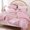 Pink Full Ball Pom Fringe Design Comforter Set 3pcs, Boho Aesthetic Luxurious Full Bedding Set, Vintage Ultra Soft Microfiber