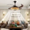 Tiffany Style Ceiling Fan Light Retractable Stained Glass LED Lamp Remote Home Decor Fandelier For Living Room Bedroom Indoor
