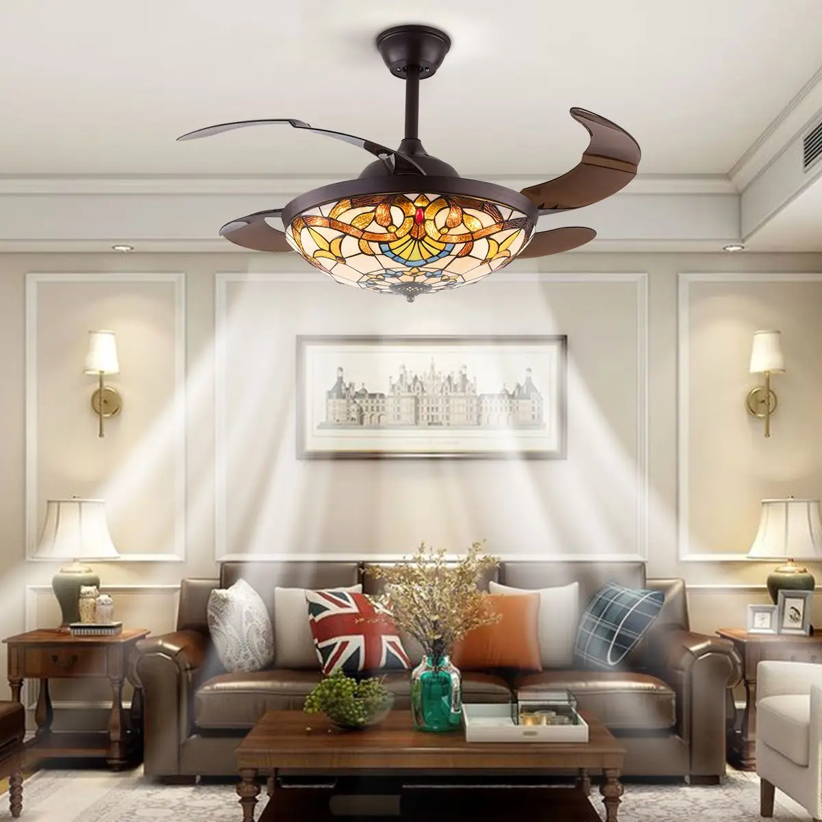 Tiffany Style Ceiling Fan Light Retractable Stained Glass LED Lamp Remote Home Decor Fandelier For Living Room Bedroom Indoor