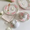 European style palace style rose relief set dinner plate rice bowl coffee cup saucer Italian gentle pink romantic