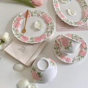 European style palace style rose relief set dinner plate rice bowl coffee cup saucer Italian gentle pink romantic