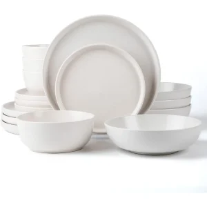Round Stoneware 16pc Double Bowl Dinnerware Set for 4, Dinner and Side Plates, Cereal and Pasta Bowls - Matte White
