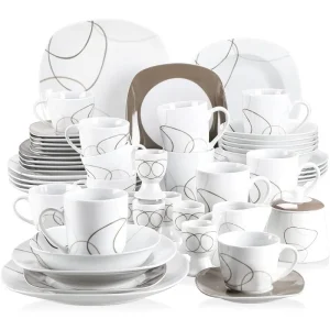 VEWEET Series Nikita 50-Piece Dinnerware Sets for 6 Including Porcelain Plates Sets Bowls Mugs Egg Cups Cup and Saucer Set
