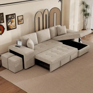 104" Modern L-Shape 3 Seat Reversible Sectional Couch, 2 Stools for Living Room Furniture Set, Charcoal Grey/Cream