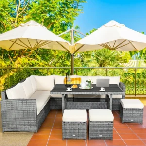 7 Pieces Outdoor Wicker Sectional Sofa Set with Dining Table and Chairs Set Garden Furniture Sets Sillas De Patio Exterior