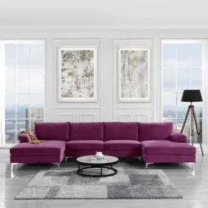 Casa Andrea Milano Modern Large Velvet Fabric U-Shape Sectional Sofa, Double Extra Wide Chaise Lounge Couch, Purple