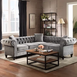 Chesterfield Sofa L-Shaped Sectional Sofa Set,Tufted Velvet Upholstered Rolled Arm Classic 5 Seater Sofa Couch for Living Room
