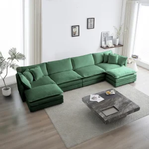 Comfort U Shaped Couch with Reversible Chaise, Modular Large U-Shape Sectional Sofa, Double Extra Ottomans,Green Chenille