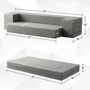 Convertible Folding Sofa - Modern Linen Fabric Coffee Table, Foldable Floor & Futon Couch, Space-Saving Chair with Pillows