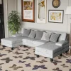 Convertible Sectional Sofa Couch 4-Seat With Long Chaise for Living Room Modern Chenille Fabric U-Shaped Gray Sofas Bed Puffs