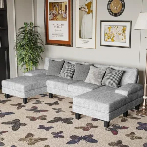 Convertible Sectional Sofa Couch 4-Seat With Long Chaise for Living Room Modern Chenille Fabric U-Shaped Gray Sofas Bed Puffs