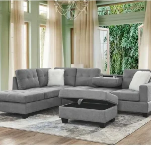 Evedy Modern Sectional L-Shaped Couch with 2 Cup Holders and Storage Ottoman,3 Seaters, Extra Wide Reversible Chaise,Upholstered