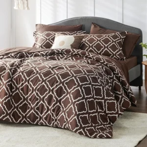 Full Comforter Set 7 Pieces - Brown Quatrefoil Comforters Full Size, Lightweight Bedding Sets for All Season, Bed in a Bag