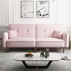 Leisure Velvet Futon Sofa Bed with Adjustable Back, Convertible Sleeper Couch Chaise with 2 Pockets, Upholstered Loveseat, Pink