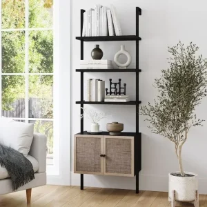 Modern Bookcase with Rattan Cabinet in Matte Black and Light Oak Finish with Matte Black Metal Frame for Living Room