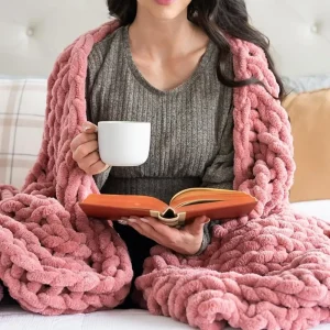 Pink Chunky Knit Blanket Throw 50x60; Knitted Throw Blankets for Boho Decor Bed Plaid for Sofas Comforter Warm Winter Blankets