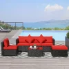 Red 6 Pieces Patio Furniture Sets Outdoor All Weather PE Rattan Sectional sofa set with Ottoman,Cushions&Tempered Glass Desktop
