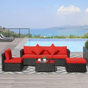 Red 6 Pieces Patio Furniture Sets Outdoor All Weather PE Rattan Sectional sofa set with Ottoman,Cushions&Tempered Glass Desktop