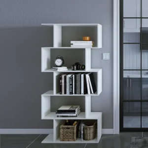 S Shaped Bookshelf 5-Tier, Geometric Bookcase Modern Wood Decorative Display Shelf Book Shelf , White