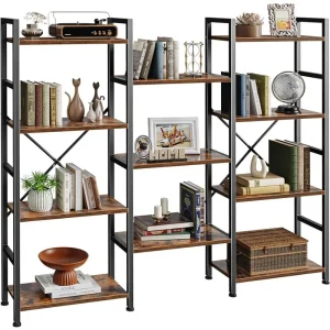 SUPERJARE Triple 4 Tier Bookshelf, Bookcase with 11 Open Display Shelves, Wide Book Shelf Book Case for Home & Office
