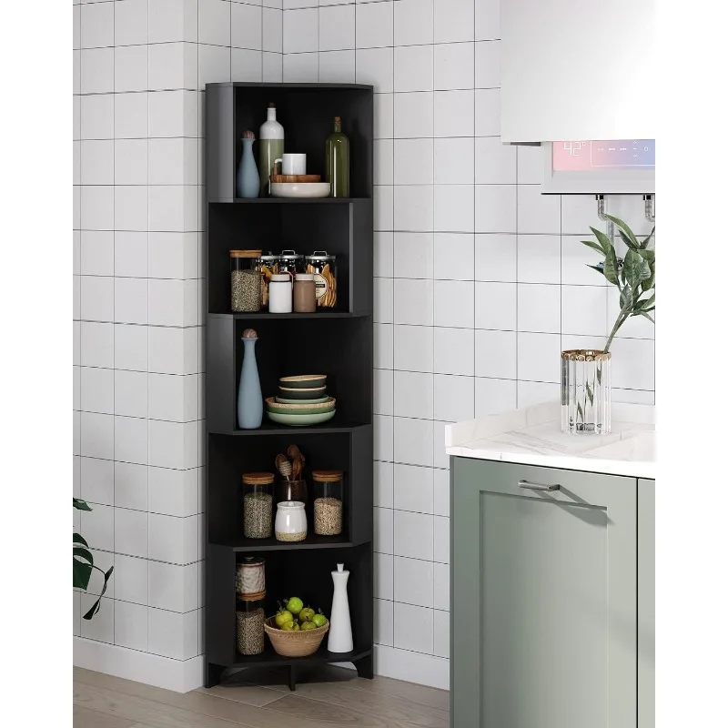 Yusong Bookshelf Corner Shelf Bookcase, Wooden 5-Tier Book Shelves Display Cabinet for Living Room,Bedroom,Bathroom, Black