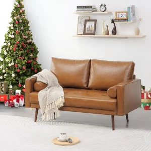 56" Loveseat Small Couch, 2 Seater Sofa Faux Leather Couch with Hand-Stitched Cushion and Bolster Pillows for Living Room
