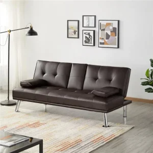 LuxuryGoods Modern Faux Leather Futon with Cupholders and Pillows, Espresso furniture living room