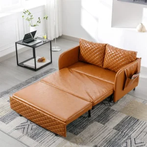 Pull Out Sofa Bed, Convertible Sleeper Sofa Futon Sofa Bed for Home Office, Leather, Brown Living Room Sofas