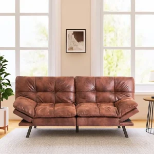 Vyfipt Futon Bed/Couch,Brown Faux Leather Memory Foam Small Splitback Convert Backrests&Armrests,Easy To Clean