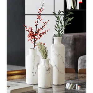White Vase Set of 3, Vases for Decor Ideal Gift for Valentines Day Decor, Marble Look, Ceramic Vase