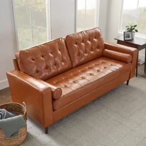 Upholstered Couches for Living Room - Camel Faux Leather Couch - Living Room Furniture
