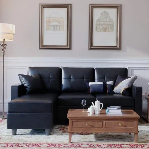 Faux Leather Sofa Convertible L Shape Couch for Small Space, Black Living Room Sofa