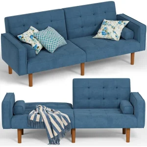 Sofa Bed Convertible Sectional Sleeper Couch, 74" Small Lounge for Living Room, Study and Bedroom, Sea Blue Free Shipping
