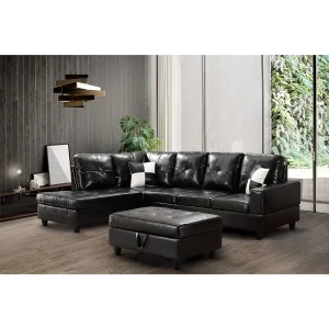 L Shaped Sofa Sectional 3 Piece Living Room Set,imitation leather sofa,With left recliner,Storage footstool and pillows